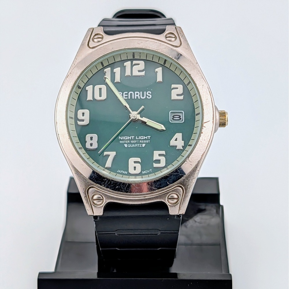 Benrus Night Light Quartz Green Dial Field Watch WR 100FT 38mm